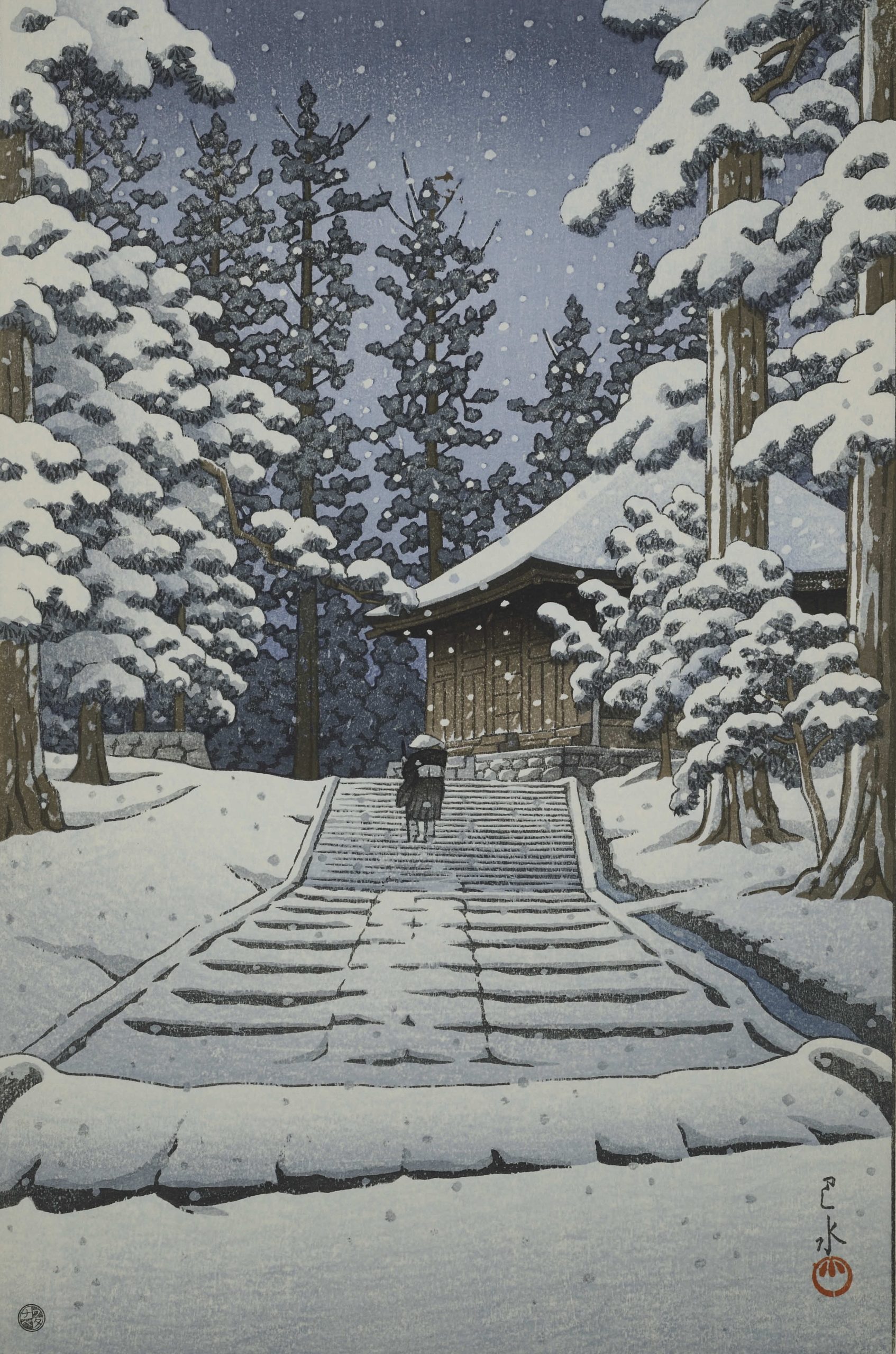 Poster "Salita sotto la neve al Padiglione Dorato a Hiraizumi", Kawase Hasui
