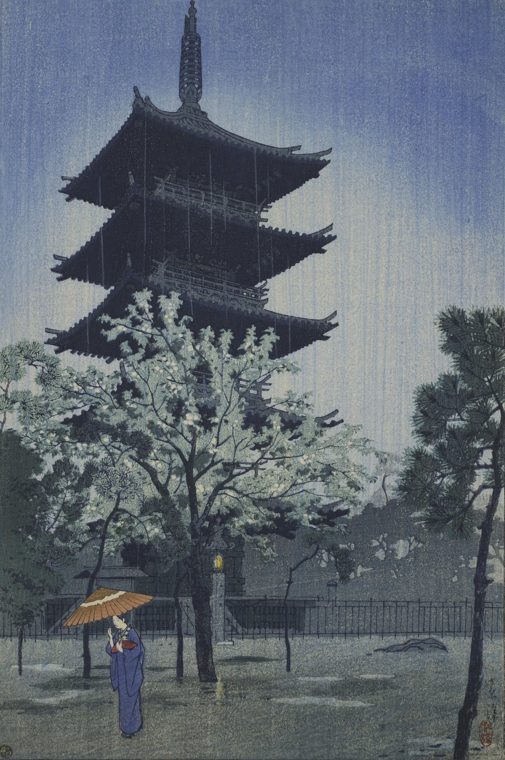 Poster "Pioggia di sera alla Pagoda Yanaka di Kyoto", Shiro Kasamatsu