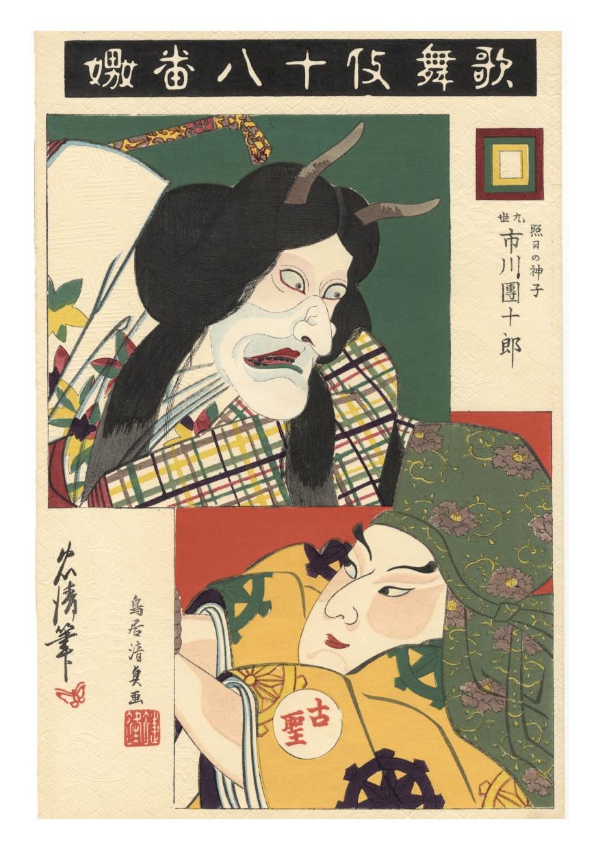 Cartolina "Ichikawa Danjuro IX as Teruchi no Miko in the play Uwanari", Kiyotada VII Torii